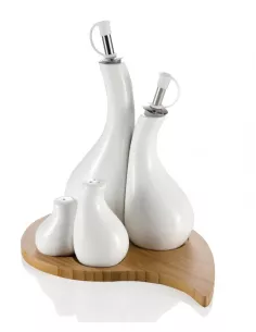 Menage Goccia Set 4 Pezzi In Porcellana Bianca Con Supporto In Bamboo
