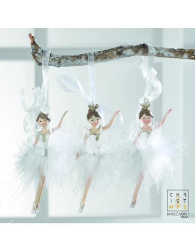 Decorazione Ballerina Da Appendere In Resina Con Piume Col. Bianco H. 11 Mascagni - 1Pz