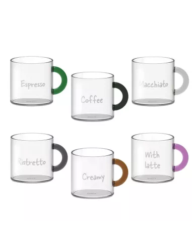 Set 6 Tazzine Da Caffè In Vetro Borosilicato Con Manico Colorato e Scritta Decorativa - WD Lifestyle