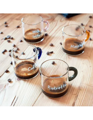 Set 6 Tazzine Da Caffè In Vetro Borosilicato Con Manico Colorato e Scritta Decorativa - WD Lifestyle