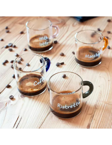 Set 6 Tazzine Da Caffè In Vetro Borosilicato Con Manico Colorato e Scritta Decorativa - WD Lifestyle