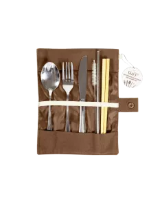 Set Posate In Acciaio Inossidabile E Bacchette In Bamboo, Con Pratico Astuccio In Cotone Marrone