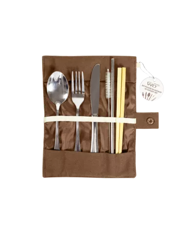 Set Posate In Acciaio Inossidabile E Bacchette In Bamboo, Con Pratico Astuccio In Cotone Marrone