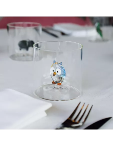 Bicchiere In Vetro Borosilicato Con Soggetto Gufo In Vetro Colorato All'interno