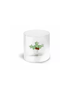 Bicchiere In Vetro Borosilicato Con Soggetto Colorato All'interno Decoro Vischio