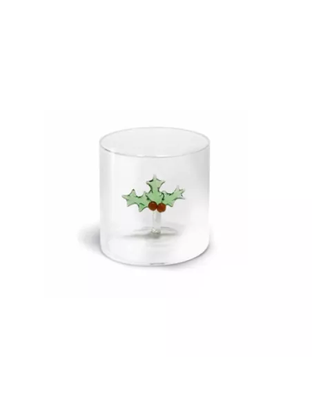 Bicchiere In Vetro Borosilicato Con Soggetto Colorato All'interno Decoro Vischio