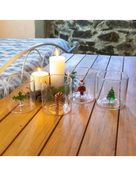 Bicchiere In Vetro Borosilicato Con Soggetto Colorato All'interno Decoro Bastoncino di Zucchero