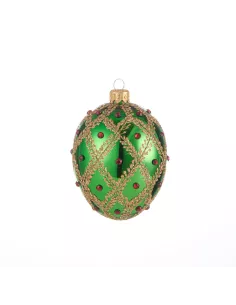Palla Ovale Da Appendere In Vetro Decorato Colore Verde - Gemme Di Natale