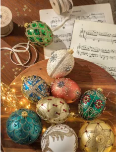 Palla Ovale Da Appendere In Vetro Decorato Colore Blu - Gemme Di Natale 2