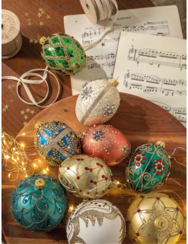 Palla Ovale Da Appendere In Vetro Decorato Colore Oro - Gemme Di Natale
