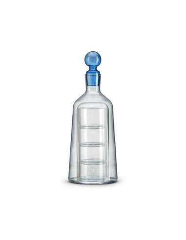 Decanter in vetro borosilicato con 4 bicchieri e tappo colorato blu gift box