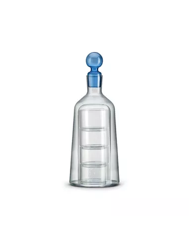 Decanter in vetro borosilicato con 4 bicchieri e tappo colorato blu gift box