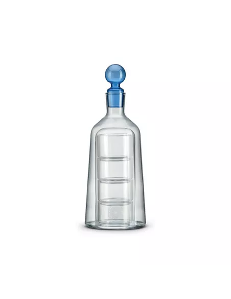Decanter in vetro borosilicato con 4 bicchieri e tappo colorato blu gift box