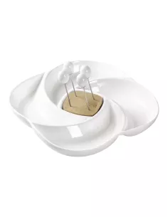 Antipastiera Girella Porcellana Bianca E Bamboo Con 4 Forchettine Inox