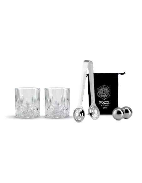 Set Cocktail 2 Bicchieri in Vetro Trasparente con Sfere e Pinza per Ghiaccio