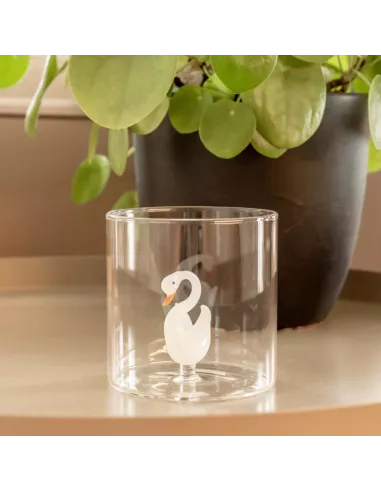 Bicchiere In Vetro Borosilicato Con Soggetto Cigno In Vetro Colorato All'interno