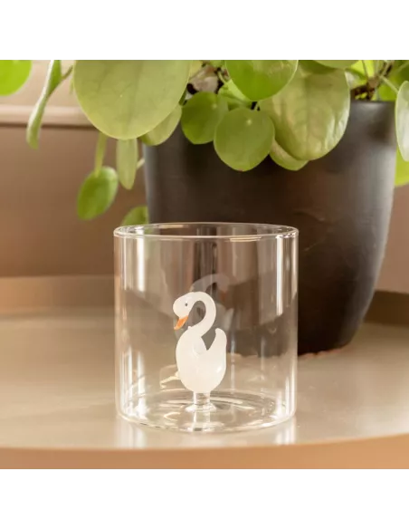Bicchiere In Vetro Borosilicato Con Soggetto Cigno In Vetro Colorato All'interno