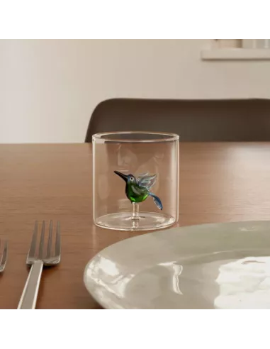 Bicchiere In Vetro Borosilicato Con Soggetto Colibrì In Vetro Colorato All'interno