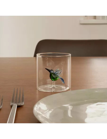 Bicchiere In Vetro Borosilicato Con Soggetto Colibrì In Vetro Colorato All'interno
