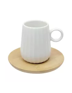 Set 6 Tazzine Caffè in Porcellana con Piattino in Legno Intavola Righe 90ml