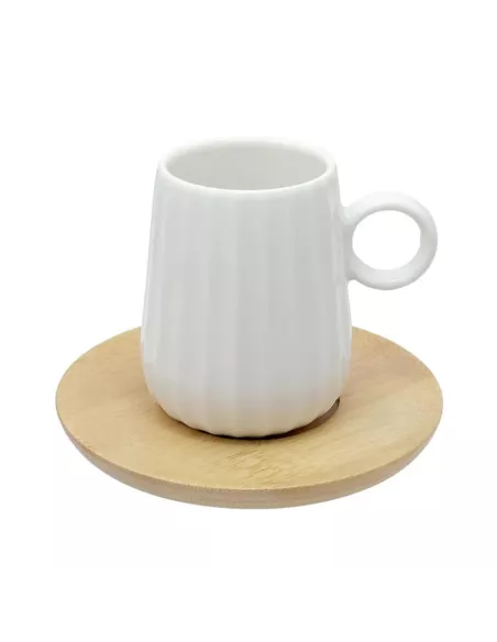 Set 6 Tazzine Caffè in Porcellana con Piattino in Legno Intavola Righe 90ml