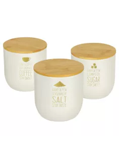 Stay Happy Set 3 Barattoli in Ferro Panna con Tappo in Bamboo