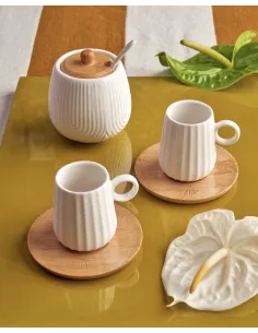 Set 6 Tazzine Caffè in Porcellana con Piattino in Legno Intavola Righe 90ml 2