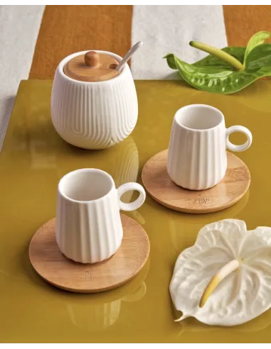 Set 6 Tazzine Caffè in Porcellana con Piattino in Legno Intavola Righe 90ml
