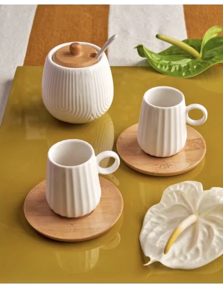 Set 6 Tazzine Caffè in Porcellana con Piattino in Legno Intavola Righe 90ml