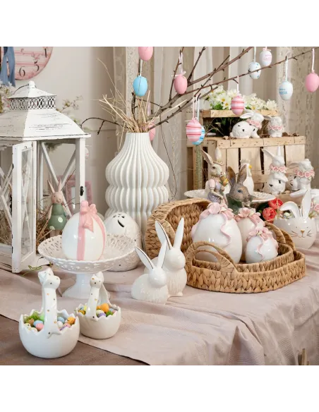 Coniglio Piccolo Bianco con Fiori Rosa in Ceramica L' Arte di Nacchi