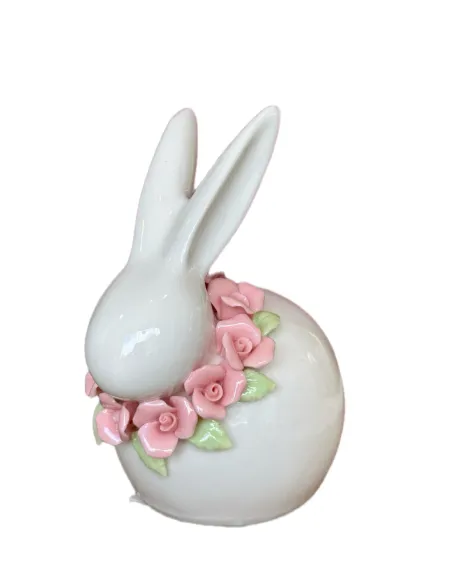 Coniglio Piccolo Bianco con Fiori Rosa in Ceramica L' Arte di Nacchi