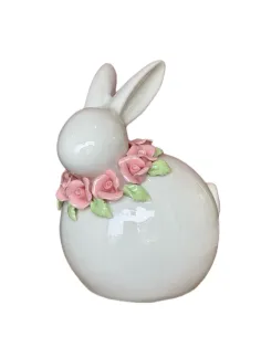 Coniglio Grande Bianco con Fiori Rosa in Ceramica L' Arte di Nacchi