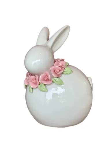 Coniglio Grande Bianco con Fiori Rosa in Ceramica L' Arte di Nacchi