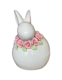 Coniglio Grande Bianco con Fiori Rosa in Ceramica L' Arte di Nacchi 2