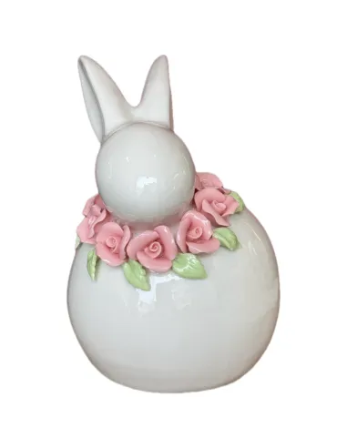 Coniglio Grande Bianco con Fiori Rosa in Ceramica L' Arte di Nacchi