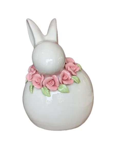 Coniglio Grande Bianco con Fiori Rosa in Ceramica L' Arte di Nacchi