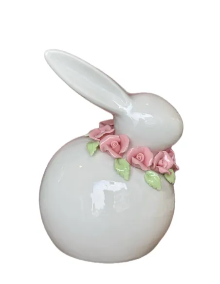 Coniglio Grande Bianco con Fiori Rosa in Ceramica L' Arte di Nacchi