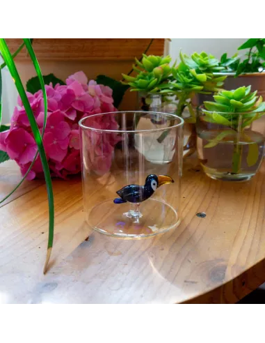Bicchiere In Vetro Borosilicato Decoro Tucano In Vetro Colorato All'interno