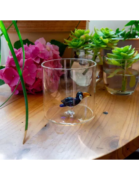 Bicchiere In Vetro Borosilicato Decoro Tucano In Vetro Colorato All'interno