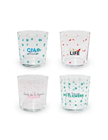 Set 4 Bicchieri Acqua in Vetro Decoro con Scritte Colorate