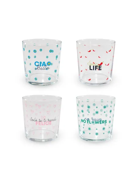 Set 4 Bicchieri Acqua in Vetro Decoro con Scritte Colorate