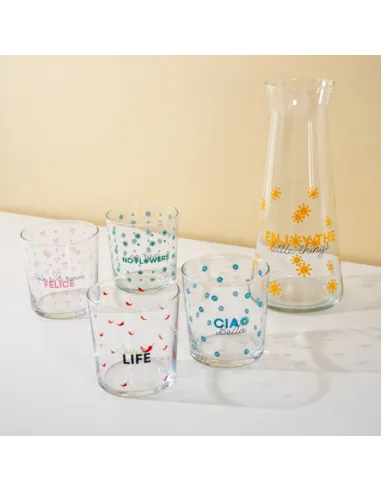 Set 4 Bicchieri Acqua in Vetro Decoro con Scritte Colorate