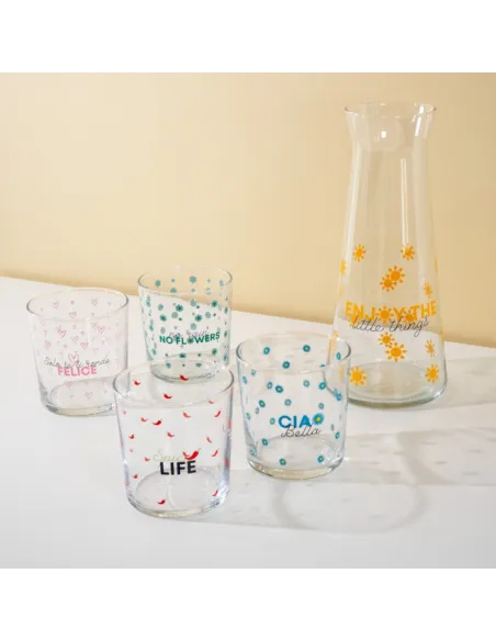Set 4 Bicchieri Acqua in Vetro Decoro con Scritte Colorate