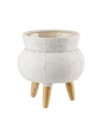 Cache-Pot Basso in Ceramica Bianco con Piedini in Legno 22x24h - L'oca Nera