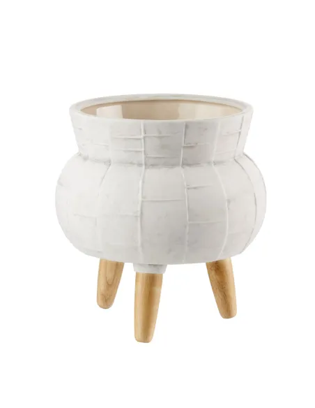 Cache-Pot Basso in Ceramica Bianco con Piedini in Legno 22x24h - L'oca Nera