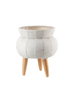 Cache-Pot Alto in Ceramica Bianco con Piedini in Legno 28x32h - L'oca Nera