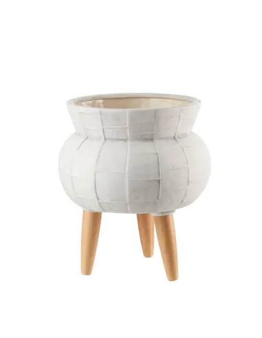 Cache-Pot Alto in Ceramica Bianco con Piedini in Legno 28x32h - L'oca Nera