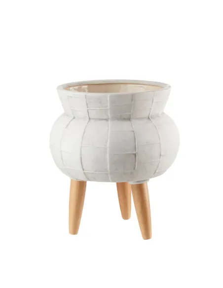 Cache-Pot Alto in Ceramica Bianco con Piedini in Legno 28x32h - L'oca Nera