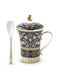 Infusiera in Porcellana 300 ml con Coperchio e Cucchiaino in Gift Box Baroque Beige e Blu