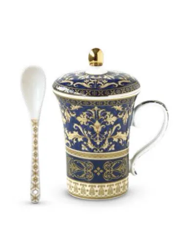 Infusiera in Porcellana 300 ml con Coperchio e Cucchiaino in Gift Box Baroque Beige e Blu